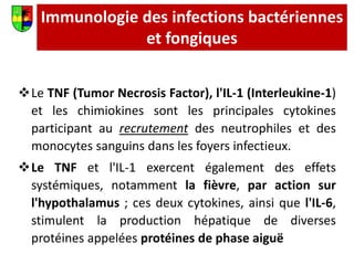 Le TNF (Tumor Necrosis Factor), l'IL-1 (Interleukine-1)
et les chimiokines sont les principales cytokines
participant au recrutement des neutrophiles et des
monocytes sanguins dans les foyers infectieux.
Le TNF et l'IL-1 exercent également des effets
systémiques, notamment la fièvre, par action sur
l'hypothalamus ; ces deux cytokines, ainsi que l'IL-6,
stimulent la production hépatique de diverses
protéines appelées protéines de phase aiguë
Immunologie des infections bactériennes
et fongiques
 