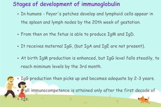 Stages of development of immunoglobulin


In humans - Peyer's patches develop and lymphoid cells appear in
the spleen and lymph nodes by the 20th week of gestation.



From then on the fetus is able to produce IgM and IgD.



It receives maternal IgG, (but IgA and IgE are not present).



At birth IgM production is enhanced, but IgG level falls steadily, to
reach miminum levels by the 3rd month.



IgG production then picks up and becomes adequate by 2-3 years.



Full immunocompetence is attained only after the first decade of
life.

 
