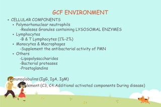 GCF ENVIRONMENT


CELLULAR COMPONENTS
 Polymorhonuclear neutrophils
-Realeses Granules containing LYSOSOMAL ENZYMES
 Lymphocytes
-B & T Lymphocytes (1%-2%)
 Monocytes & Macrophages
-Supplement the antibacterial activity of PMN
 Others
-Lipopolysaccharides
-Bacterial proteases
-Prostaglandins

Immunoglobulins:(IgG, IgA, IgM)
Complement:(C3, C4:Additional activated components During disease)

 