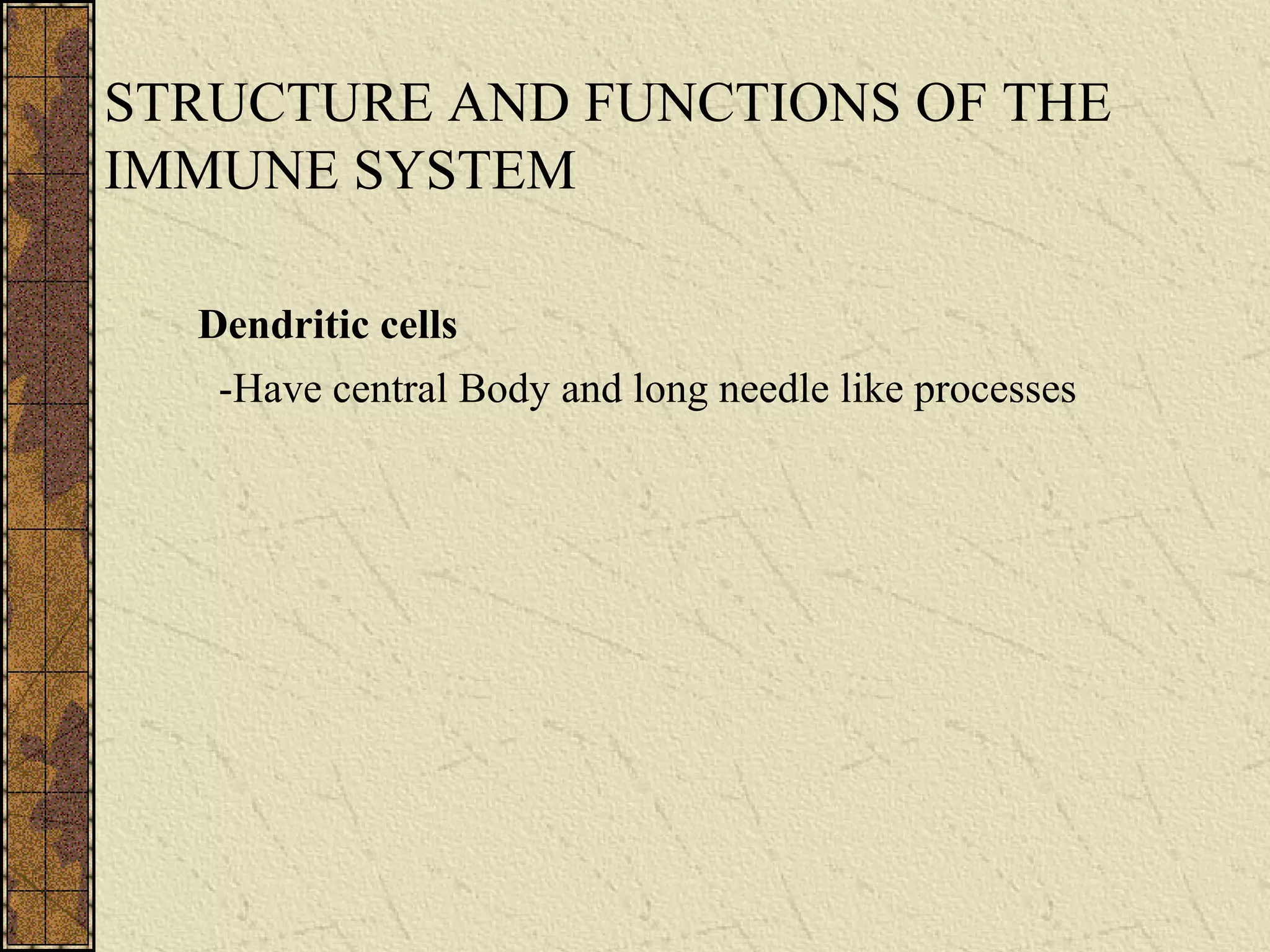 STRUCTURE AND FUNCTIONS OF THE
IMMUNE SYSTEM
Dendritic cells
-Have central Body and long needle like processes
 