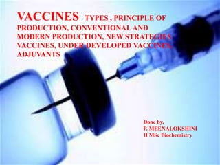 Done by,
P. MEENALOKSHINI
VACCINES– TYPES , PRINCIPLE OF
PRODUCTION, CONVENTIONAL AND
MODERN PRODUCTION, NEW STRATEGIES
VACCINES, UNDER DEVELOPED VACCINES,
ADJUVANTS
Done by,
P. MEENALOKSHINI
II MSc Biochemistry
 