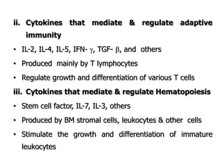 ii. Cytokines that mediate & regulate adaptive
immunity
• IL-2, IL-4, IL-5, IFN- , TGF- , and others
• Produced mainly by T lymphocytes
• Regulate growth and differentiation of various T cells
iii. Cytokines that mediate & regulate Hematopoiesis
• Stem cell factor, IL-7, IL-3, others
• Produced by BM stromal cells, leukocytes & other cells
• Stimulate the growth and differentiation of immature
leukocytes
 