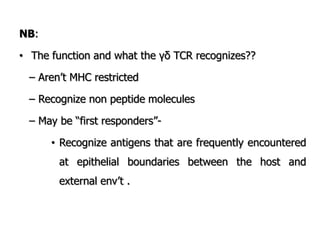 NB:
• The function and what the γδ TCR recognizes??
– Aren‟t MHC restricted
– Recognize non peptide molecules
– May be “first responders”-
• Recognize antigens that are frequently encountered
at epithelial boundaries between the host and
external env‟t .
 