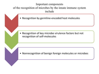 Important components
of the recognition of microbes by the innate immune system
include
• Recognition by germline-encoded host molecules
• Recognition of key microbe virulence factors but not
recognition of self-molecules
• Nonrecognition of benign foreign molecules or microbes
 