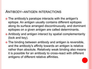ANTIBODY–ANTIGEN INTERACTIONS
 The antibody's paratope interacts with the antigen's
epitope. An antigen usually contains different epitopes
along its surface arranged discontinuously, and dominant
epitopes on a given antigen are called determinants.
 Antibody and antigen interact by spatial complementarity
(lock and key).
 The binding between antibody and antigen is reversible,
and the antibody's affinity towards an antigen is relative
rather than absolute. Relatively weak binding also means
it is possible for an antibody to cross-react with different
antigens of different relative affinities.
 