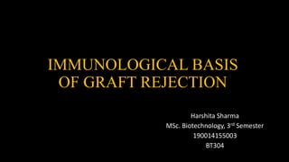 IMMUNOLOGICAL BASIS
OF GRAFT REJECTION
Harshita Sharma
MSc. Biotechnology, 3rd Semester
190014155003
BT304
 