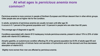 At what ages is pernicious anemia more
common?
Pernicious anemia is more common in people of Northern European and African descent than in other ethnic groups.
Older people also are at higher risk for the condition.
In adults, symptoms of pernicious anemia are usually not seen until after age 30.
It occurs in 0.1 percent of the general population and 1.9 percent in people who are older than 60 years.
The average age of diagnosis is age 60.
Conditions associated with vitamin B12 inadequacy include pernicious anemia, present in about 15% to 25% of older
adults with vitamin B12 deficiency .
Atrophic gastritis, an autoimmune condition affecting 2% of the general population but 8–9% of adults aged 65 and
older, decreases production of intrinsic factor and secretion of hydrochloric acid in the stomach and thus decreases
absorption of vitamin B12.
Slightly more women than men are affected by pernicious anemia.
 