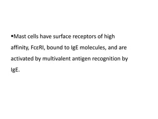 Mast cells have surface receptors of high
affinity, FcεRI, bound to IgE molecules, and are
activated by multivalent antigen recognition by
IgE.
 