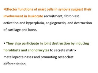 Effector functions of mast cells in synovia suggest their
involvement in leukocyte recruitment, fibroblast
activation and hyperplasia, angiogenesis, and destruction
of cartilage and bone.
 They also participate in joint destruction by inducing
fibroblasts and chondrocytes to secrete matrix
metalloproteinases and promoting osteoclast
differentiation.
 