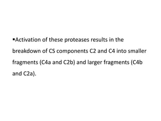 Activation of these proteases results in the
breakdown of CS components C2 and C4 into smaller
fragments (C4a and C2b) and larger fragments (C4b
and C2a).
 