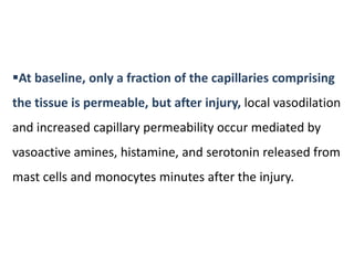 At baseline, only a fraction of the capillaries comprising
the tissue is permeable, but after injury, local vasodilation
and increased capillary permeability occur mediated by
vasoactive amines, histamine, and serotonin released from
mast cells and monocytes minutes after the injury.
 