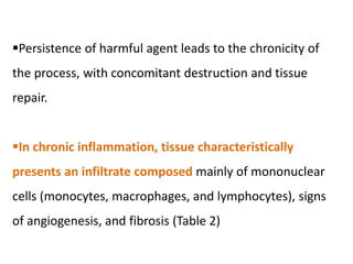 Persistence of harmful agent leads to the chronicity of
the process, with concomitant destruction and tissue
repair.
In chronic inflammation, tissue characteristically
presents an infiltrate composed mainly of mononuclear
cells (monocytes, macrophages, and lymphocytes), signs
of angiogenesis, and fibrosis (Table 2)
 