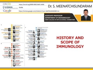 Dr. S. MEENATCHISUNDARAM
ASSOCIATE PROFESSOR
DEPARTMENT OF MICROBIOLOGY
SNMV COLLEGE OF ARTS & SCIENCE, COIMBATORE
https://orcid.org/0000-0002-8691-449X
95496
https://scholar.google.com/citations?user=IkdZ5XsAAAAJ&hl=en
HISTORY AND
SCOPE OF
IMMUNOLOGY
 