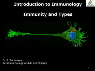 1
Introduction to Immunology
Immunity and Types
Dr. P. Srinivasan
Rathinam College of Arts and Science
 