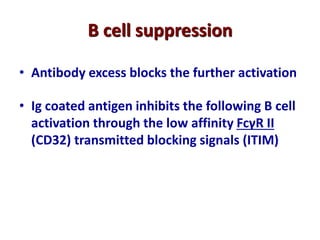 B cell suppression
• Antibody excess blocks the further activation
• Ig coated antigen inhibits the following B cell
activation through the low affinity FcγR II
(CD32) transmitted blocking signals (ITIM)
 