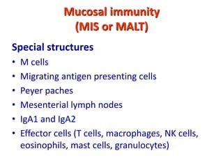 Mucosal immunity
(MIS or MALT)
Special structures
• M cells
• Migrating antigen presenting cells
• Peyer paches
• Mesenterial lymph nodes
• IgA1 and IgA2
• Effector cells (T cells, macrophages, NK cells,
eosinophils, mast cells, granulocytes)
 
