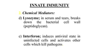 INNATE IMMUNITY
2. Chemical Mediators:
d) Lysozyme; in serum and tears, breaks
down the bacterial cell wall
(peptidoglycan).
e) Interferon; induces antiviral state in
uninfected cells and activates other
cells which kill pathogens.
 
