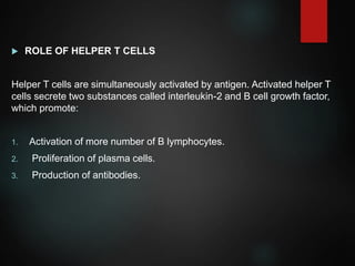 ROLE OF HELPER T CELLS
Helper T cells are simultaneously activated by antigen. Activated helper T
cells secrete two substances called interleukin-2 and B cell growth factor,
which promote:
1. Activation of more number of B lymphocytes.
2. Proliferation of plasma cells.
3. Production of antibodies.
 