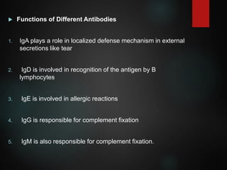  Functions of Different Antibodies
1. IgA plays a role in localized defense mechanism in external
secretions like tear
2. IgD is involved in recognition of the antigen by B
lymphocytes
3. IgE is involved in allergic reactions
4. IgG is responsible for complement fixation
5. IgM is also responsible for complement fixation.
 