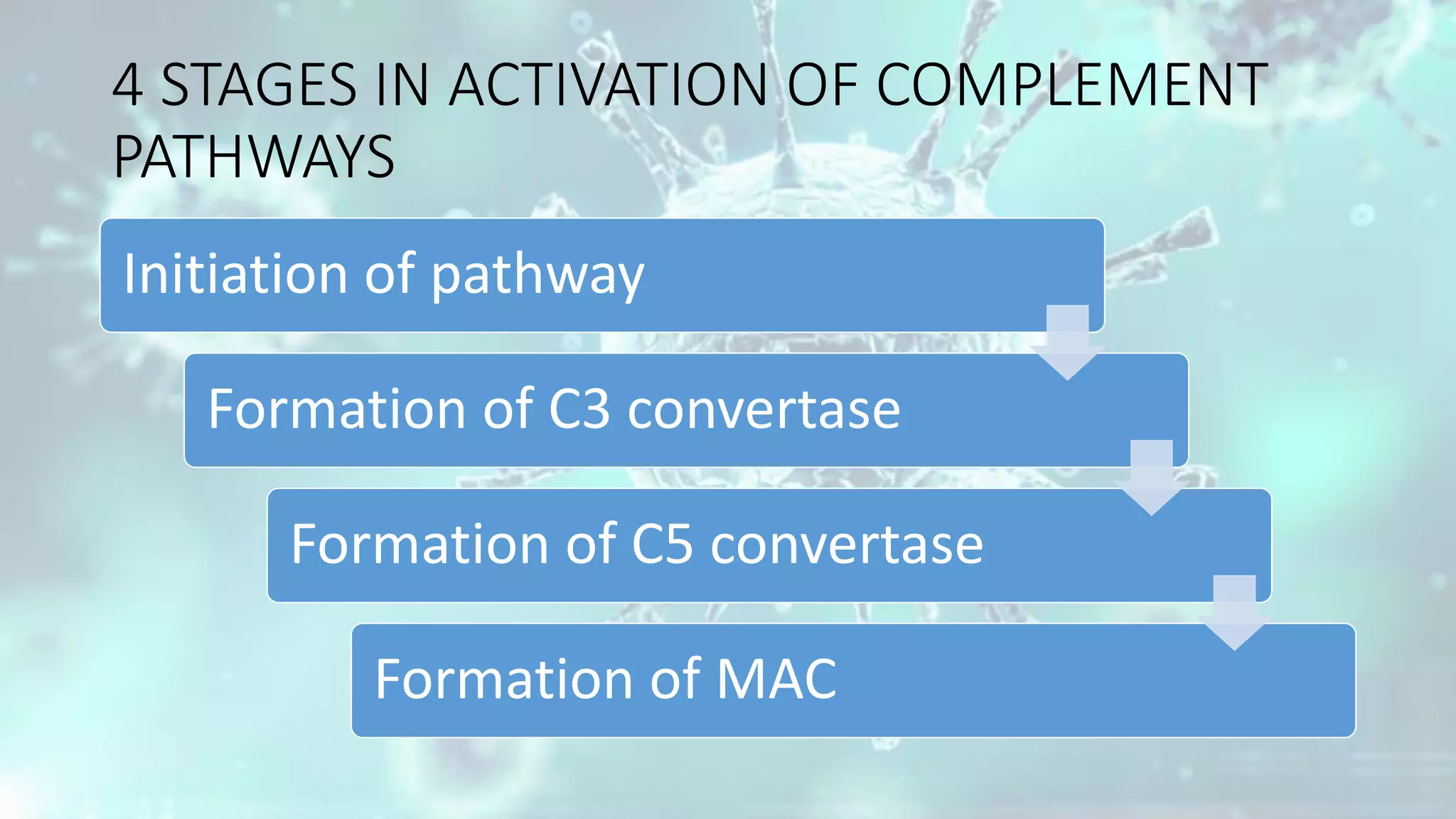 4 STAGES IN ACTIVATION OF COMPLEMENT
PATHWAYS
Initiation of pathway
Formation of C3 convertase
Formation of C5 convertase
Formation of MAC
 