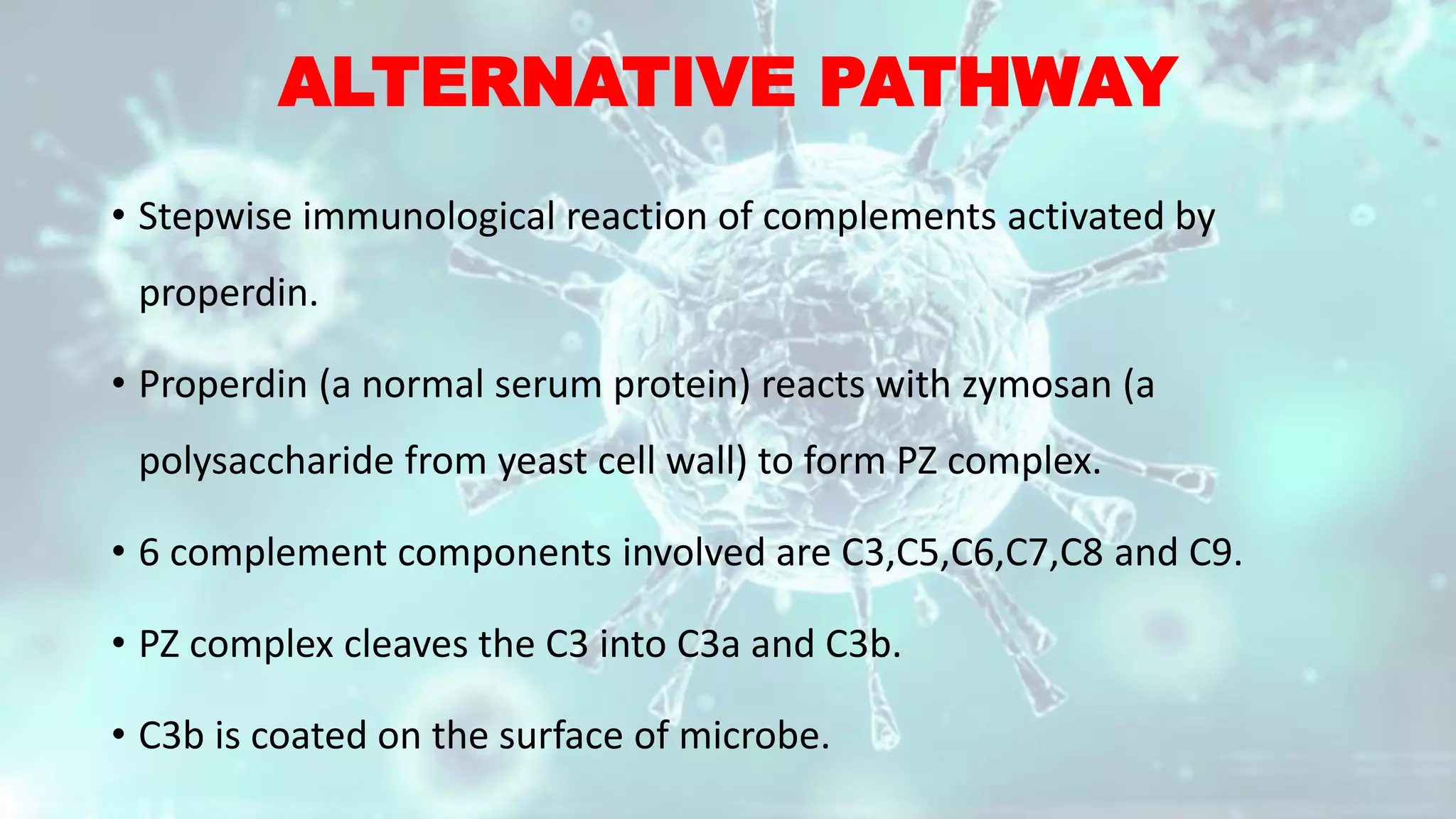 ALTERNATIVE PATHWAY
• Stepwise immunological reaction of complements activated by
properdin.
• Properdin (a normal serum protein) reacts with zymosan (a
polysaccharide from yeast cell wall) to form PZ complex.
• 6 complement components involved are C3,C5,C6,C7,C8 and C9.
• PZ complex cleaves the C3 into C3a and C3b.
• C3b is coated on the surface of microbe.
 