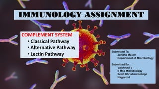 IMMUNOLOGY ASSIGNMENT
COMPLEMENT SYSTEM
• Classical Pathway
• Alternative Pathway
• Lectin Pathway
Submitted To,
Jenitha Ma’am
Department of Microbiology
Submitted By,
Vaishnavi V
II Msc Microbiology
Scott Christian College
Nagercoil
 