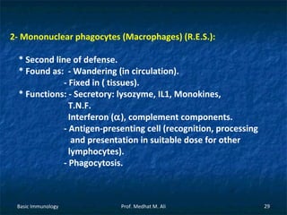 2- Mononuclear phagocytes (Macrophages) (R.E.S.):
* Second line of defense.
* Found as: - Wandering (in circulation).
- Fixed in ( tissues).
* Functions: - Secretory: lysozyme, IL1, Monokines,
T.N.F.
Interferon (α), complement components.
- Antigen-presenting cell (recognition, processing
and presentation in suitable dose for other
lymphocytes).
- Phagocytosis.

Basic Immunology

Prof. Medhat M. Ali

29

 