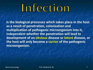 Is the biological processes which takes place in the host
as a result of penetration, colonization and
multiplication of pathogenic microorganism into it,
independant whether the penetration will lead to
development of an obvious disease or latent disease, or
the host will only become a carrier of the pathogenic
microorganism.

Basic Immunology

Prof. Medhat M. Ali

7

 