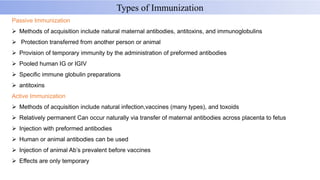 Types of Immunization
Passive Immunization
 Methods of acquisition include natural maternal antibodies, antitoxins, and immunoglobulins
 Protection transferred from another person or animal
 Provision of temporary immunity by the administration of preformed antibodies
 Pooled human IG or IGIV
 Specific immune globulin preparations
 antitoxins
Active Immunization
 Methods of acquisition include natural infection,vaccines (many types), and toxoids
 Relatively permanent Can occur naturally via transfer of maternal antibodies across placenta to fetus
 Injection with preformed antibodies
 Human or animal antibodies can be used
 Injection of animal Ab’s prevalent before vaccines
 Effects are only temporary
 