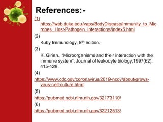 References:-
(1)
https://web.duke.edu/vaps/BodyDisease/Immunity_to_Mic
robes_Host-Pathogen_Interactions/index5.html
(2)
Kuby Immunology, 8th edition.
(3)
K. Girish., “Microorganisms and their interaction with the
immune system”, Journal of leukocyte biology,1997(62):
415-429.
(4)
https://www.cdc.gov/coronavirus/2019-ncov/about/grows-
virus-cell-culture.html
(5)
https://pubmed.ncbi.nlm.nih.gov/32173110/
(6)
https://pubmed.ncbi.nlm.nih.gov/32212513/
 