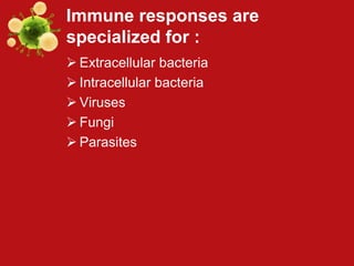 Immune responses are
specialized for :
 Extracellular bacteria
 Intracellular bacteria
 Viruses
 Fungi
 Parasites
 
