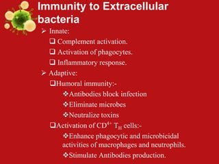 Immunity to Extracellular
bacteria
 Innate:
 Complement activation.
 Activation of phagocytes.
 Inflammatory response.
 Adaptive:
Humoral immunity:-
Antibodies block infection
Eliminate microbes
Neutralize toxins
Activation of CD4+
TH cells:-
Enhance phagocytic and microbicidal
activities of macrophages and neutrophils.
Stimulate Antibodies production.
 