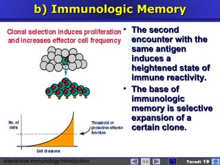 interactive immunologyIntroduction Taradi 19
b)b) ImmunologicImmunologic MMemoryemory
 The secondThe second
encounter with theencounter with the
same antigensame antigen
induces ainduces a
heightened state ofheightened state of
immune reactivity.immune reactivity.
 The base ofThe base of
immunologicimmunologic
memory is selectivememory is selective
expansion ofexpansion of aa
certain clone.certain clone.
 