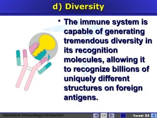 interactive immunologyIntroduction Taradi 22
d)d) DiversityDiversity
 The immune system isThe immune system is
capable of generatingcapable of generating
tremendous diversity intremendous diversity in
its recognitionits recognition
molecules, allowing itmolecules, allowing it
to recognize billions ofto recognize billions of
uniquely differentuniquely different
structures on foreignstructures on foreign
antigenantigenss..
 