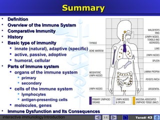 interactive immunologyIntroduction Taradi 43
SummarySummary
 DefinitionDefinition
 Overview of the Immune SystemOverview of the Immune System
 Comparative ImmunityComparative Immunity
 HistoryHistory
 Basic type of immunityBasic type of immunity
 innate (natural), adaptive (specific)
 active, passive, adoptive
 humoral, cellular
 Parts of Immune systemParts of Immune system
 organs of the immune system
 primary
 secondary
 cells of the immune system
 lymphocytes
 antigen-presenting cells
 molecules, genes
 Immune Dysfunction and Its ConsequencesImmune Dysfunction and Its Consequences
 