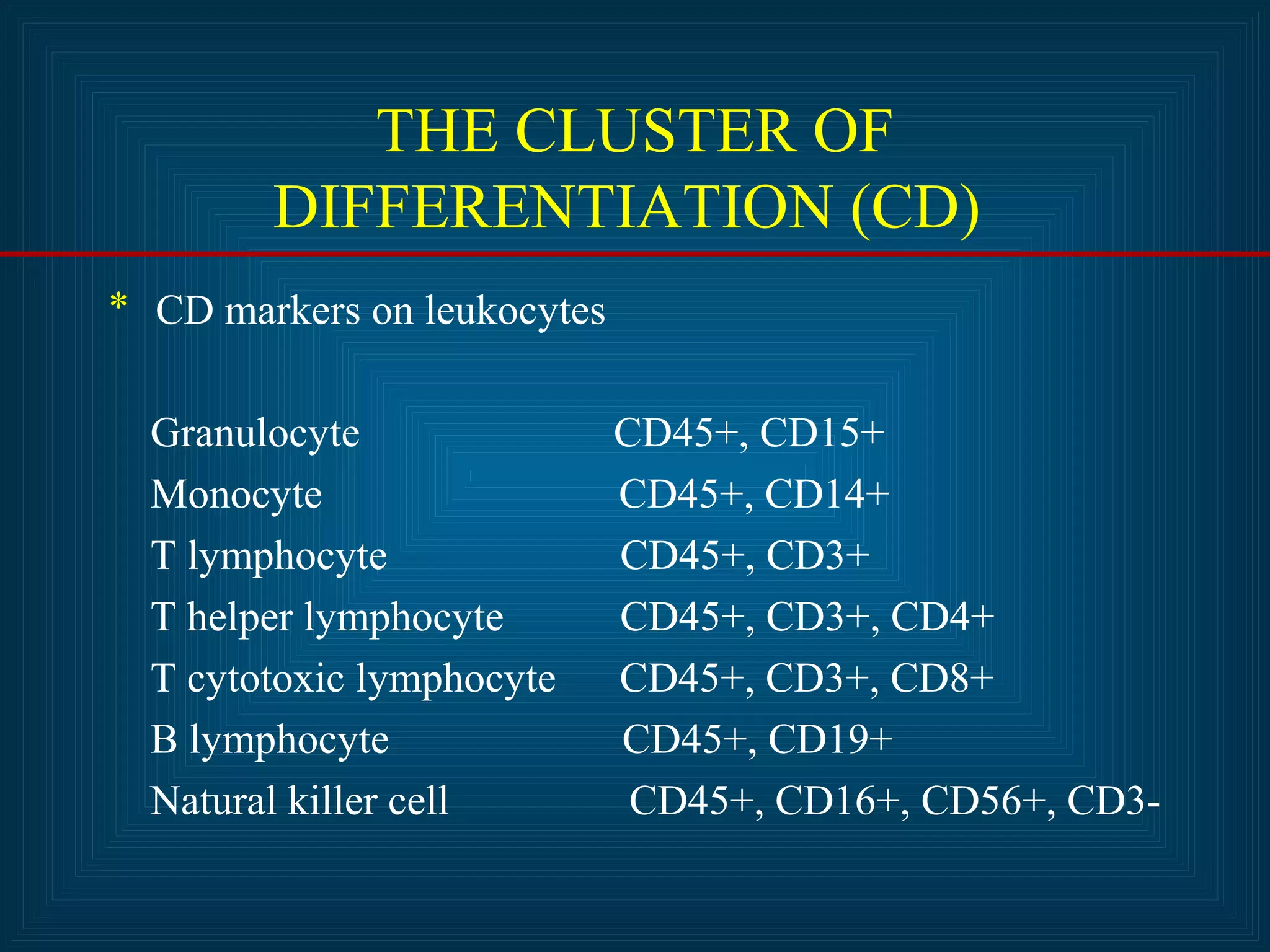 THE CLUSTER OF 
DIFFERENTIATION (CD) 
* CD markers on leukocytes 
Granulocyte CD45+, CD15+ 
Monocyte CD45+, CD14+ 
T lymphocyte CD45+, CD3+ 
T helper lymphocyte CD45+, CD3+, CD4+ 
T cytotoxic lymphocyte CD45+, CD3+, CD8+ 
B lymphocyte CD45+, CD19+ 
Natural killer cell CD45+, CD16+, CD56+, CD3- 
 