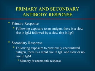PRIMARY AND SECONDARY 
ANTIBODY RESPONSE 
* Primary Response 
* Following exposure to an antigen, there is a slow 
rise in IgM followed by a slow rise in IgG 
* Secondary Response 
* Following exposure to previously encountered 
antigen, there is a rapid rise in IgG and slow or no 
rise in IgM 
* Memory or anamnestic response 
 