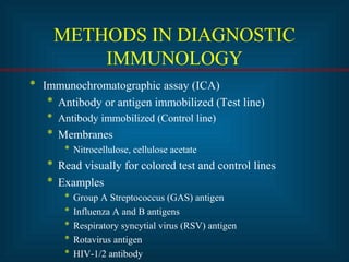 METHODS IN DIAGNOSTIC 
IMMUNOLOGY 
* Immunochromatographic assay (ICA) 
* Antibody or antigen immobilized (Test line) 
* Antibody immobilized (Control line) 
* Membranes 
* Nitrocellulose, cellulose acetate 
* Read visually for colored test and control lines 
* Examples 
* Group A Streptococcus (GAS) antigen 
* Influenza A and B antigens 
* Respiratory syncytial virus (RSV) antigen 
* Rotavirus antigen 
* HIV-1/2 antibody 
 