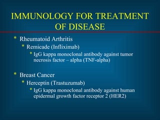 IMMUNOLOGY FOR TREATMENT 
OF DISEASE 
* Rheumatoid Arthritis 
* Remicade (Infliximab) 
* IgG kappa monoclonal antibody against tumor 
necrosis factor – alpha (TNF-alpha) 
* Breast Cancer 
* Herceptin (Trastuzumab) 
* IgG kappa monoclonal antibody against human 
epidermal growth factor receptor 2 (HER2) 
 