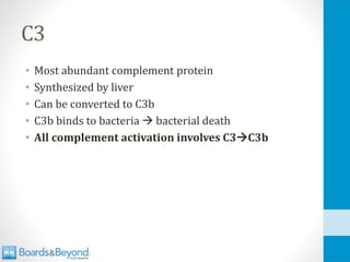 C3
• Most abundant complement protein
• Synthesized by liver
• Can be converted to C3b
• C3b binds to bacteria → bacterial death
• All complement activation involves C3→C3b
 