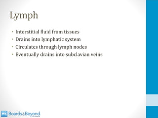 Lymph
• Interstitial fluid from tissues
• Drains into lymphatic system
• Circulates through lymph nodes
• Eventually drains into subclavian veins
 