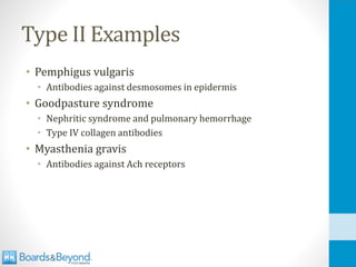 Type II Examples
• Pemphigus vulgaris
• Antibodies against desmosomes in epidermis
• Goodpasture syndrome
• Nephritic syndrome and pulmonary hemorrhage
• Type IV collagen antibodies
• Myasthenia gravis
• Antibodies against Ach receptors
 