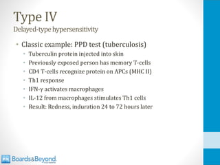 Type IV
Delayed-typehypersensitivity
• Classic example: PPD test (tuberculosis)
• Tuberculin protein injected into skin
• Previously exposed person has memory T-cells
• CD4 T-cells recognize protein on APCs (MHC II)
• Th1 response
• IFN-γ activates macrophages
• IL-12 from macrophages stimulates Th1 cells
• Result: Redness, induration 24 to 72 hours later
 
