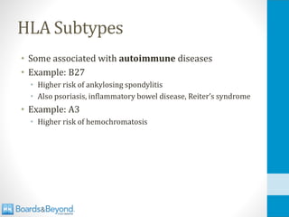 HLA Subtypes
• Some associated with autoimmune diseases
• Example: B27
• Higher risk of ankylosing spondylitis
• Also psoriasis, inflammatory bowel disease, Reiter’s syndrome
• Example: A3
• Higher risk of hemochromatosis
 