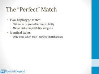 The “Perfect” Match
• Two-haplotype match
• Still some degree of incompatibility
• Minor histocompatibility antigens
• Identical twins
• Only time when true “perfect” match exists
 