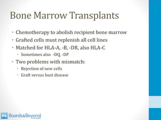 Bone Marrow Transplants
• Chemotherapy to abolish recipient bone marrow
• Grafted cells must replenish all cell lines
• Matched for HLA-A, -B, -DR, also HLA-C
• Sometimes also -DQ, -DP
• Two problems with mismatch:
• Rejection of new cells
• Graft versus host disease
 