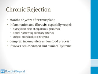 Chronic Rejection
• Months or years after transplant
• Inflammation and fibrosis, especially vessels
• Kidneys: fibrosis of capillaries, glomeruli
• Heart: Narrowing coronary arteries
• Lungs: bronchiolitis obliterans
• Complex, incompletely understood process
• Involves cell-mediated and humoral systems
 