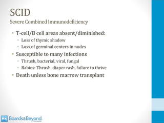 SCID
SevereCombinedImmunodeficiency
• T-cell/B cell areas absent/diminished:
• Loss of thymic shadow
• Loss of germinal centers in nodes
• Susceptible to many infections
• Thrush, bacterial, viral, fungal
• Babies: Thrush, diaper rash, failure to thrive
• Death unless bone marrow transplant
 