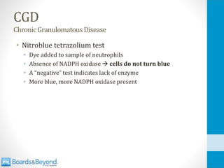 CGD
ChronicGranulomatousDisease
• Nitroblue tetrazolium test
• Dye added to sample of neutrophils
• Absence of NADPH oxidase → cells do not turn blue
• A “negative” test indicates lack of enzyme
• More blue, more NADPH oxidase present
 