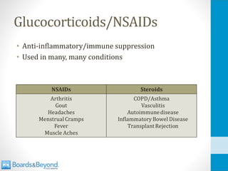 Glucocorticoids/NSAIDs
• Anti-inflammatory/immune suppression
• Used in many, many conditions
 